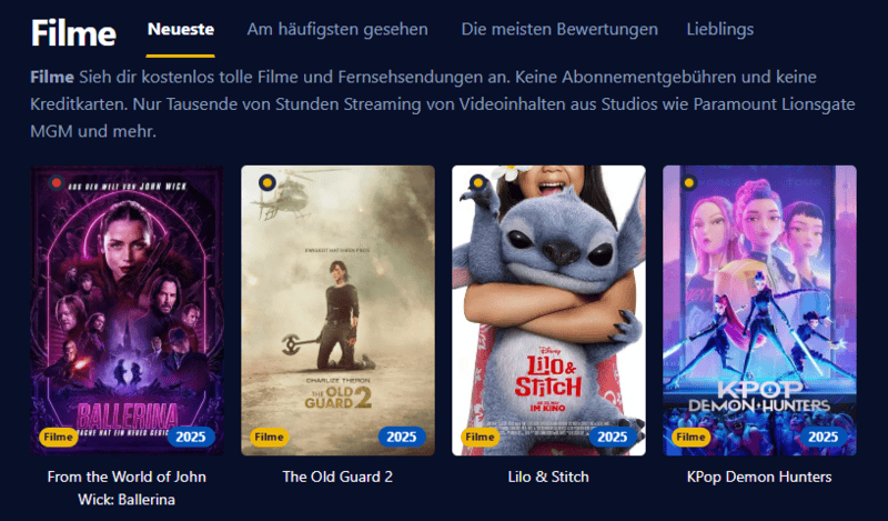 Bildschirmfoto der Filmpalast-Oberfläche die verschiedene Filmtitel und Serienepisoden anzeigt